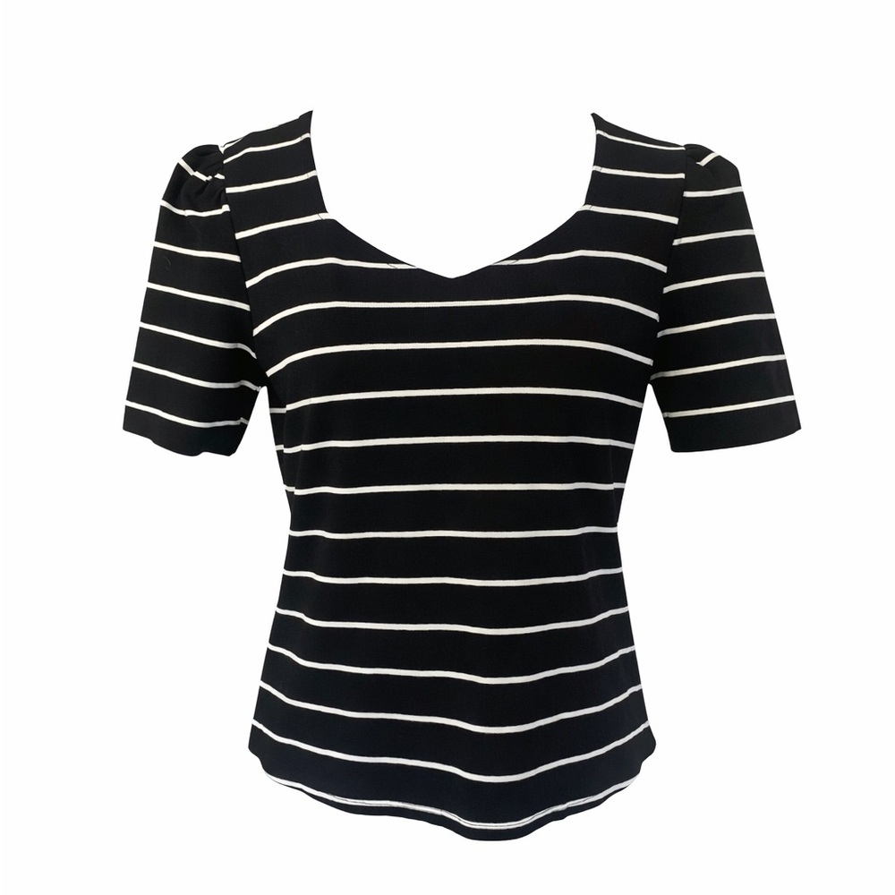 Worthington Petite Black White Striped Sweetheart Neck Puff Sleeve Top PM - Picture 3 of 8